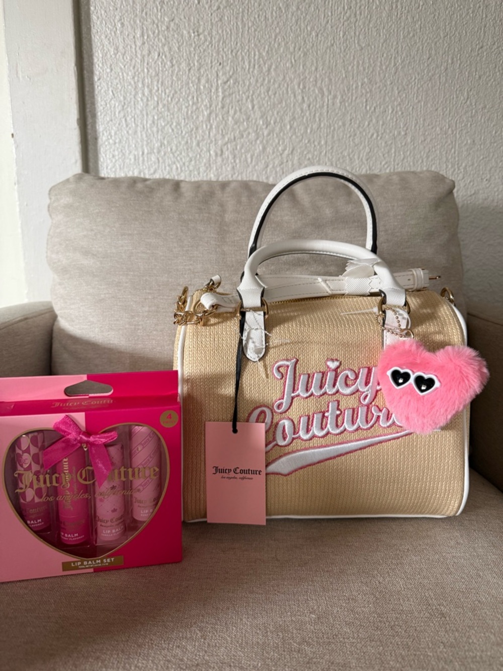 JUICY COUTURE NATURAL Straw FREE TO BE SPEEDY BEAUTIFUL SATCHEL W PINK HEART 🩷